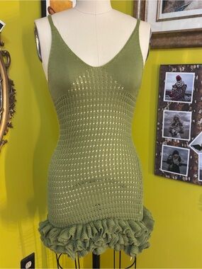 Musera Olive Green Crochet Ruffled Mini Dress Small